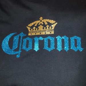 Glitter Corona logo on black crew neck